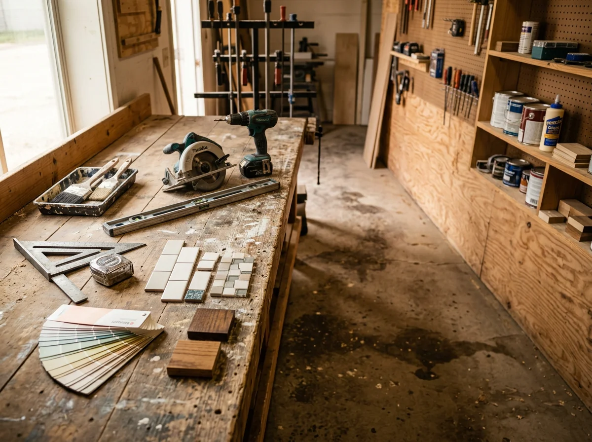 Contractor tools and materials on a work surface, representing carpentry and remodeling services.