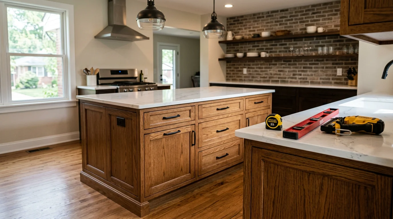 Carpenter installing custom kitchen cabinets in St. Louis home