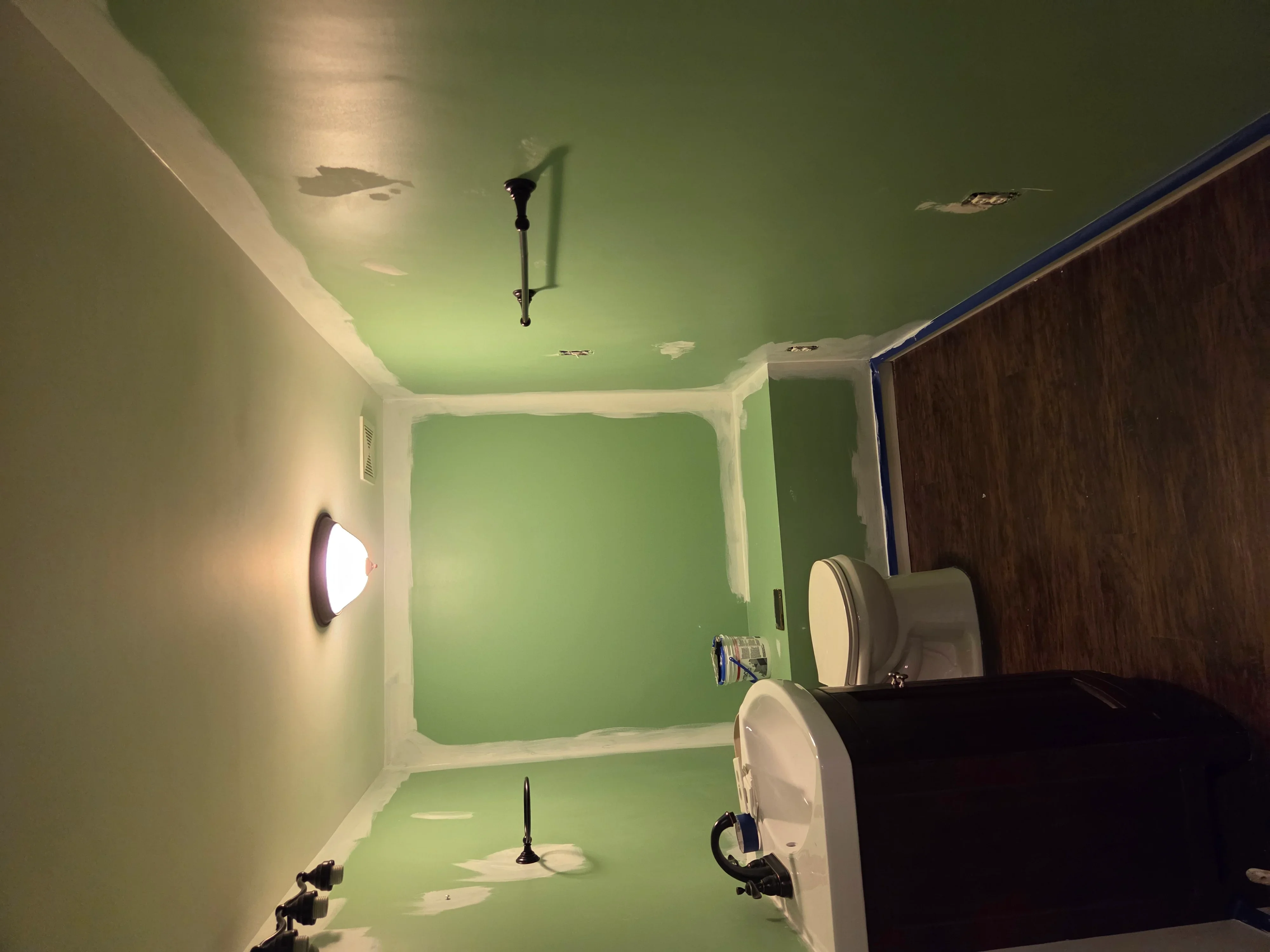 Bathroom interior with green painted drywall walls and ceiling, recessed lights, and mounted fixtures