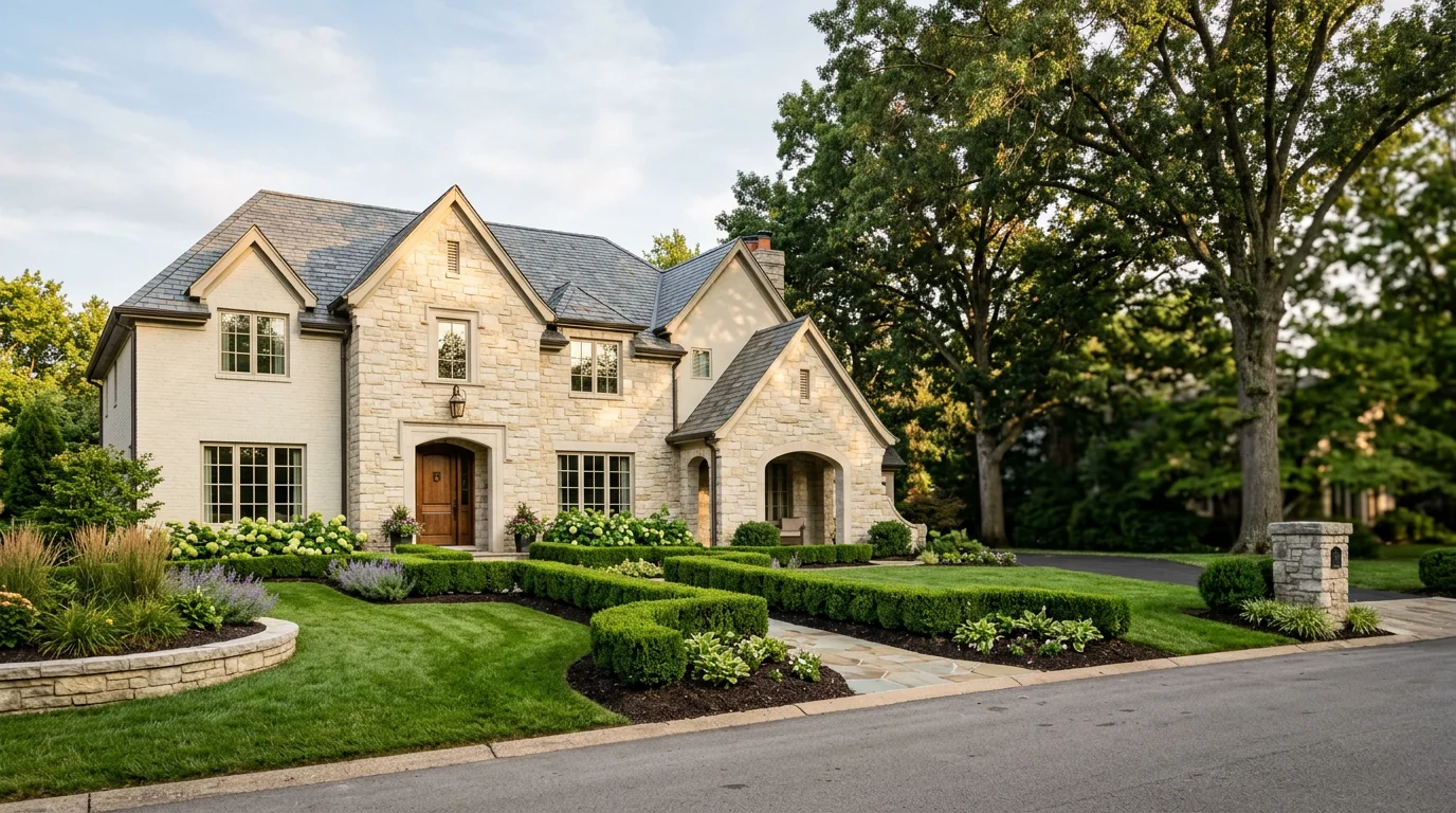 Luxury Ladue home with manicured landscaping and elegant exterior architecture