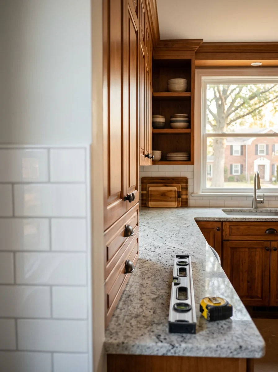 Modern kitchen with custom cabinetry and countertops in a Shrewsbury home renovation
