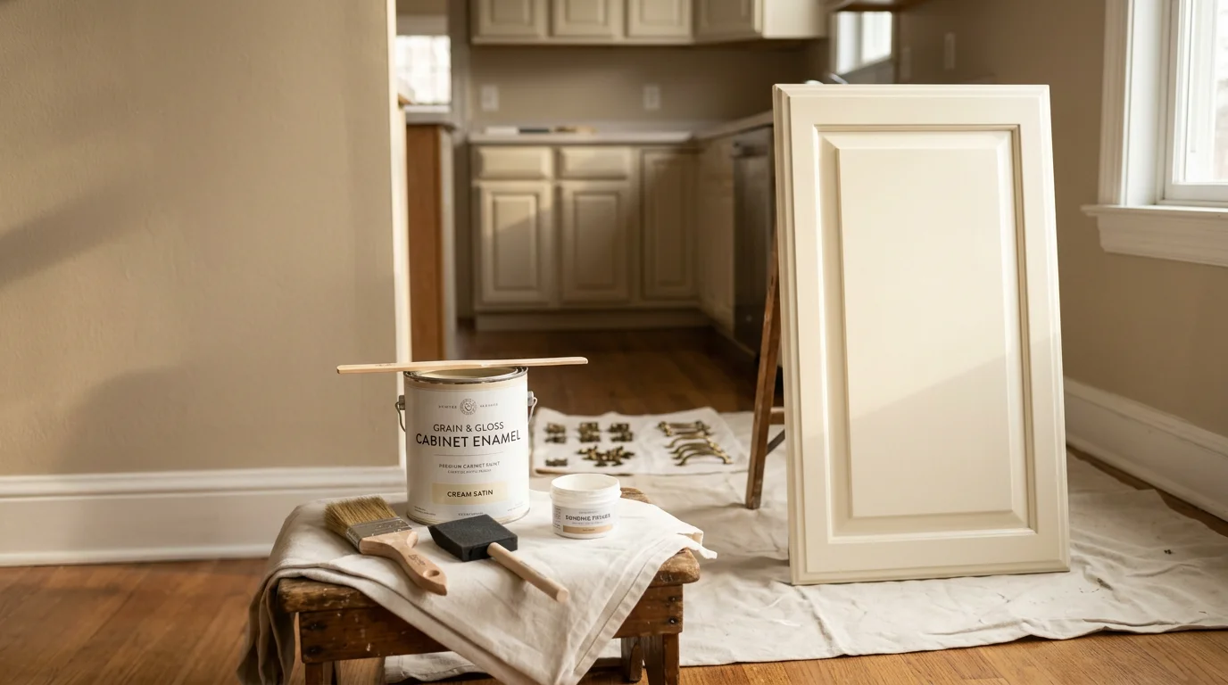 Freshly painted white kitchen cabinets with clean edges and smooth finish in an interior home setting. Cabinet doors and drawer fronts show an even, streak-free topcoat after professional prep and painting by Clayton Contracting and Consulting LLC.