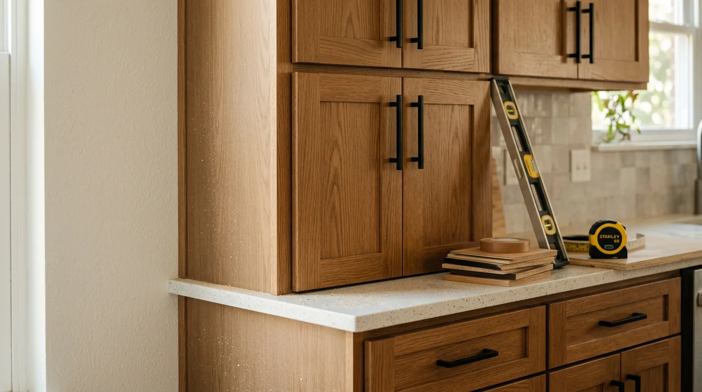 Freshly refaced kitchen cabinets in an Interior Painting home, showing new flat-panel doors, updated drawer fronts, and clean veneer applied to the cabinet box faces. The existing kitchen layout remains intact with no visible demolition or flooring disruption.