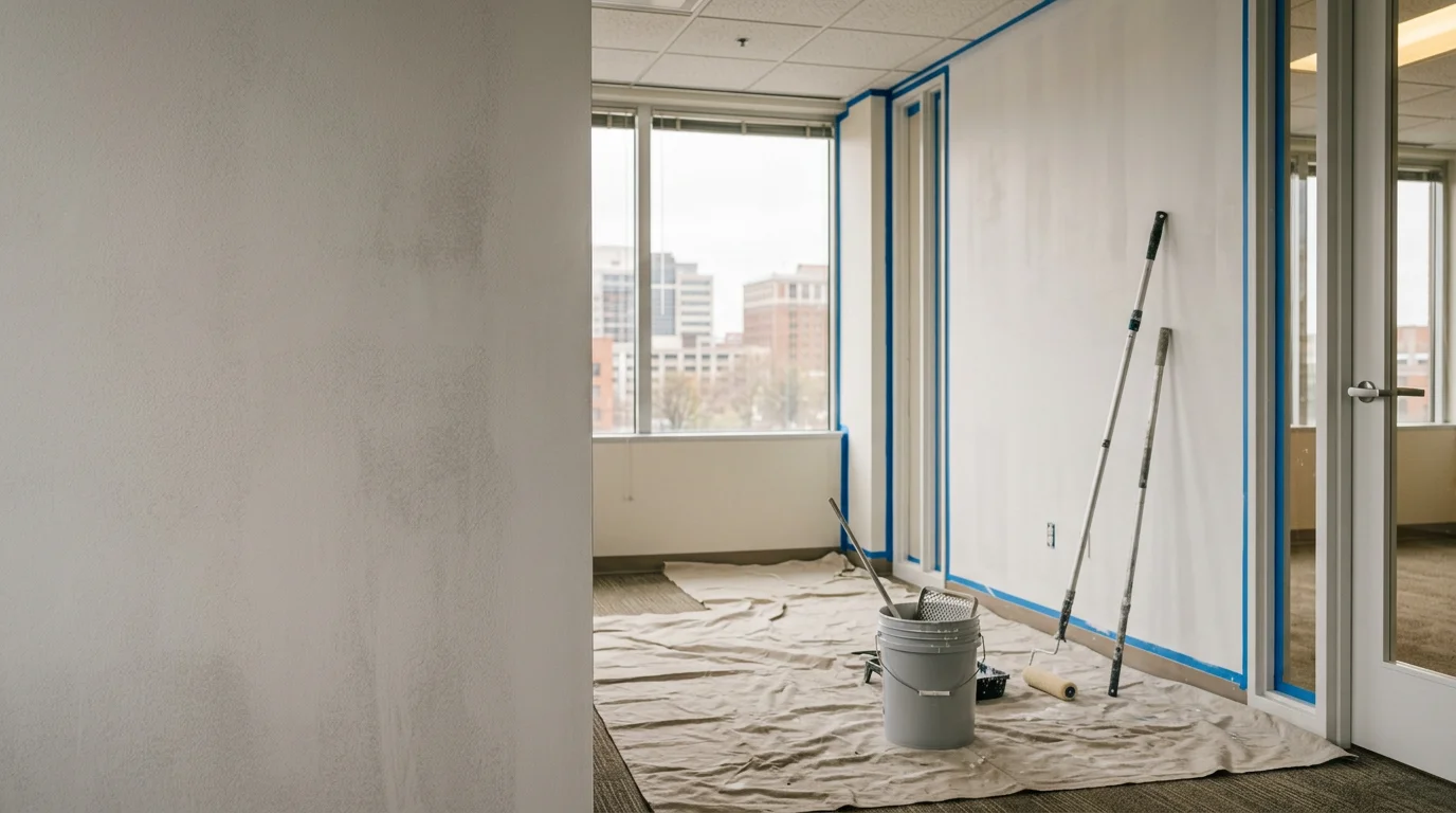 Interior of a freshly painted commercial office space showing clean white walls, painted trim, and a professional finish on doors and ceilings. Work completed by Clayton Contracting and Consulting LLC for a business interior painting project.