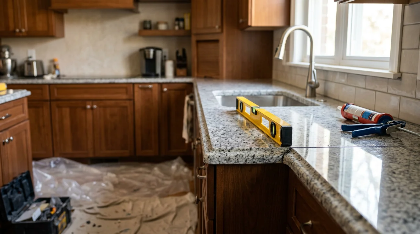 A newly installed countertop fitted flush against painted kitchen cabinets in a residential home in the Interior Painting area. The edge profile is clean and the surface sits level across the full cabinet run.