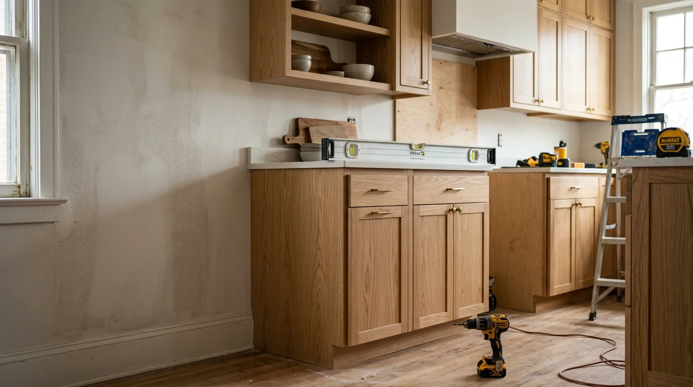 A carpenter from Clayton Contracting and Consulting LLC securing a run of custom wall cabinets in a residential kitchen, with cabinet boxes level and anchored to wall studs. The room shows freshly painted walls and open cabinet frames ready for doors.