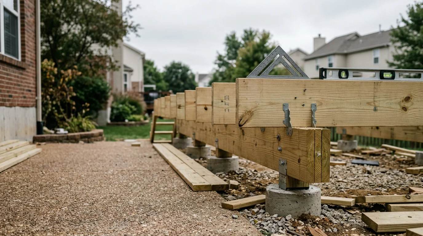 A newly constructed wood deck attached to the rear of a single-family home, showing framed railings, evenly spaced decking boards, and a clean stair landing. Built by Clayton Contracting and Consulting LLC as part of a residential outdoor living project.
