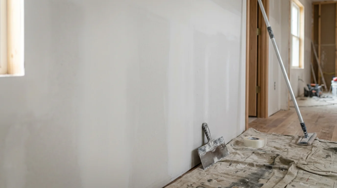 A freshly finished interior wall with smooth, sanded drywall seams ready for primer and paint in a residential room. Clayton Contracting and Consulting LLC drywall finishing work shown before interior painting begins.