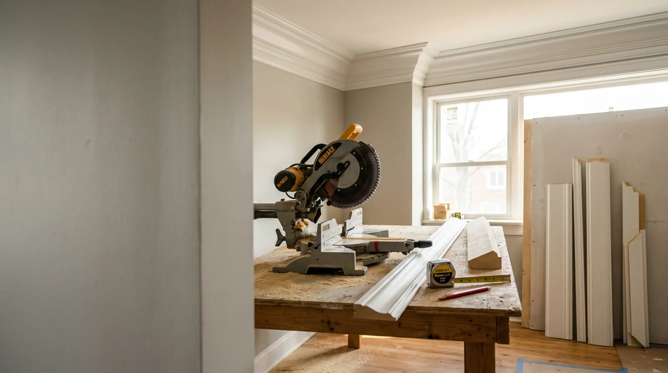 Freshly installed white crown molding and baseboards in a residential living room, showing tight corner joints and clean wall-to-ceiling transitions. Interior trim carpentry work completed by Clayton Contracting and Consulting LLC.