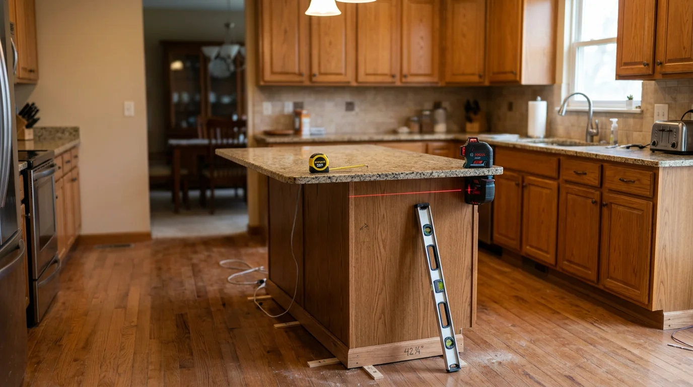 A carpenter from Clayton Contracting and Consulting LLC levels and anchors a base cabinet frame during a kitchen island installation. The finished island sits centered in an open kitchen layout with clear walking space on all sides.