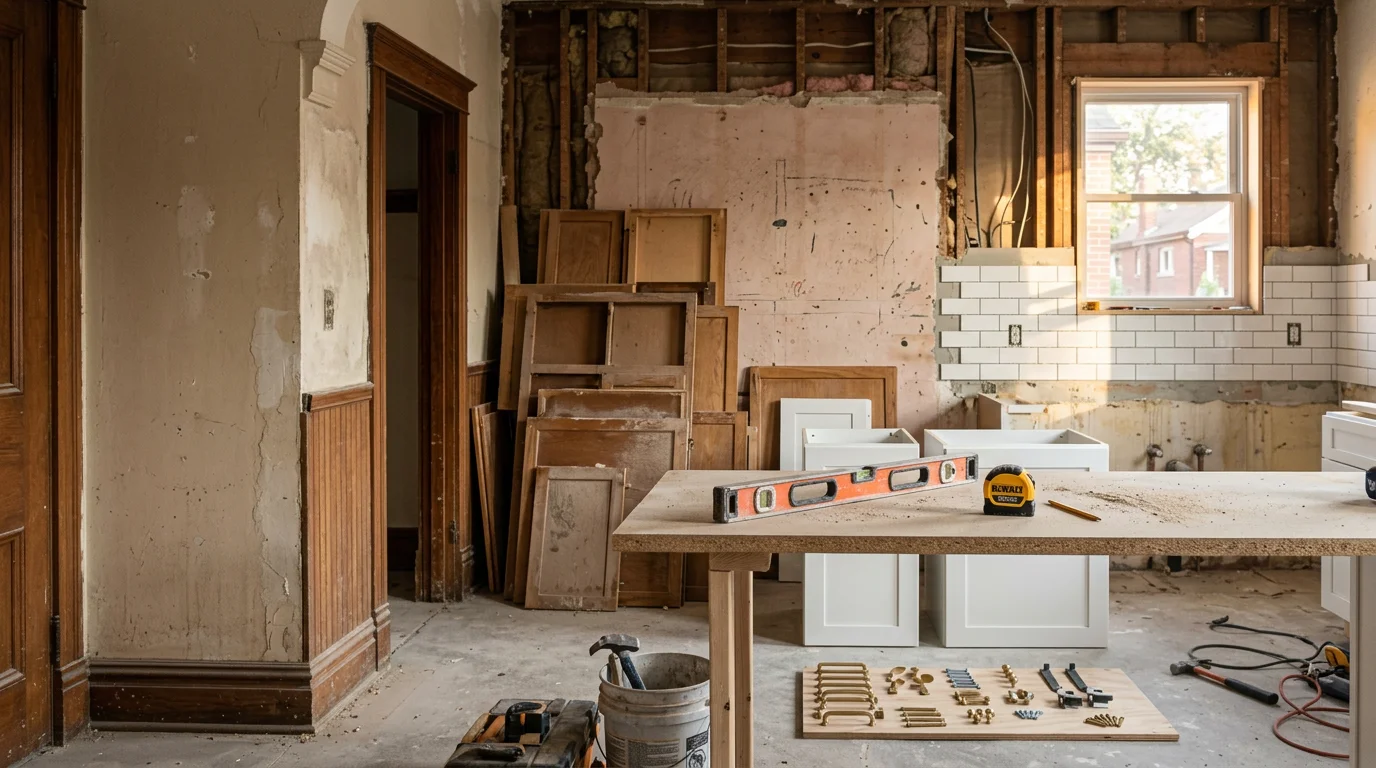 A finished kitchen remodel in the Interior Painting area showing new cabinetry, countertops, and freshly painted walls completed by Clayton Contracting and Consulting LLC. The updated layout features clean trim work and consistent interior paint throughout the space.