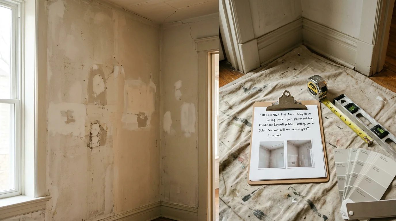 A general contractor reviewing wall and ceiling conditions inside a residential home during a remodeling consultation for an interior painting project. Unpainted walls with visible surface texture and trim details are visible in the background.